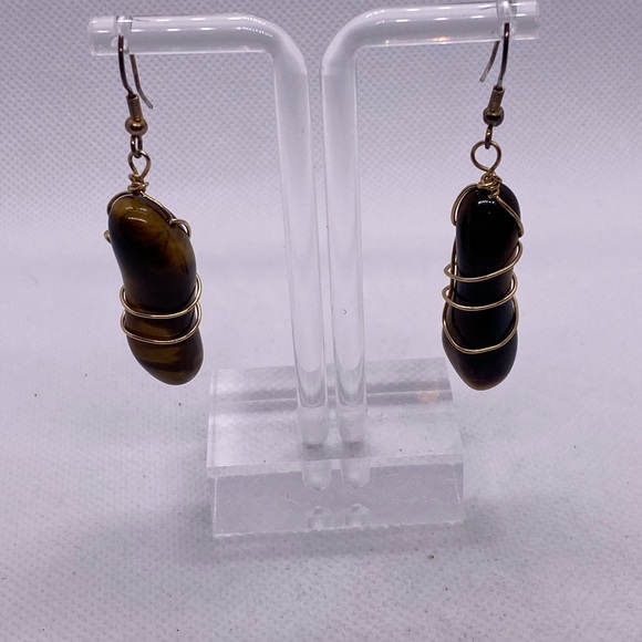 Tiger’s Eye Wire Wrapped Earrings Natural Stone Dangle Boho Gemstone - Picture 7 of 8